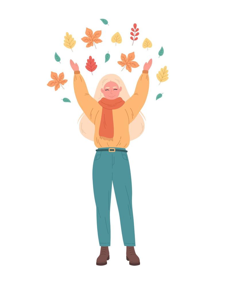 mujer saludo temporada de otoño. mujer feliz jugando con follaje de otoño. Hola otoño vector