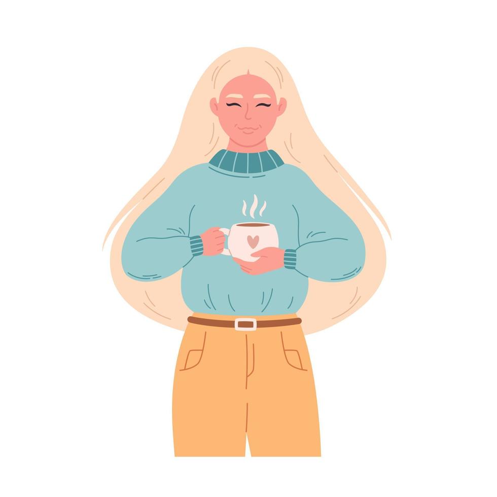 mujer en suéter con taza de bebida caliente. mujer con café. tiempo de invierno, felices fiestas, hygge vector
