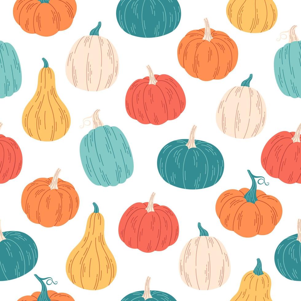 Pumpkins seamless pattern. Hello autumn, autumn harvest, farming. Flat, hand drawn texture for wallpaper, textile, fabric, paper vector