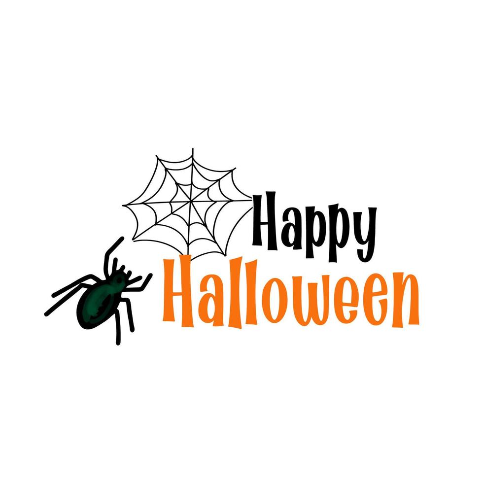 feliz texto de halloween y araña negra con ilustración de telaraña aislada sobre fondo de color blanco vector