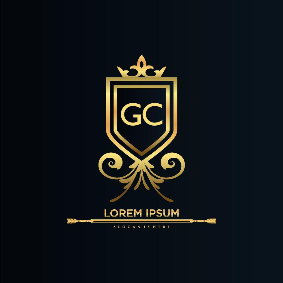 letra gc inicial con plantilla real.elegante con vector de logotipo de corona, ilustración de vector de logotipo de letras creativas.