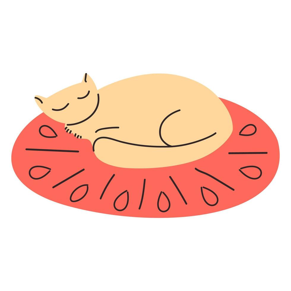 The cat sleeps on a rug drawn in doodle style. vector