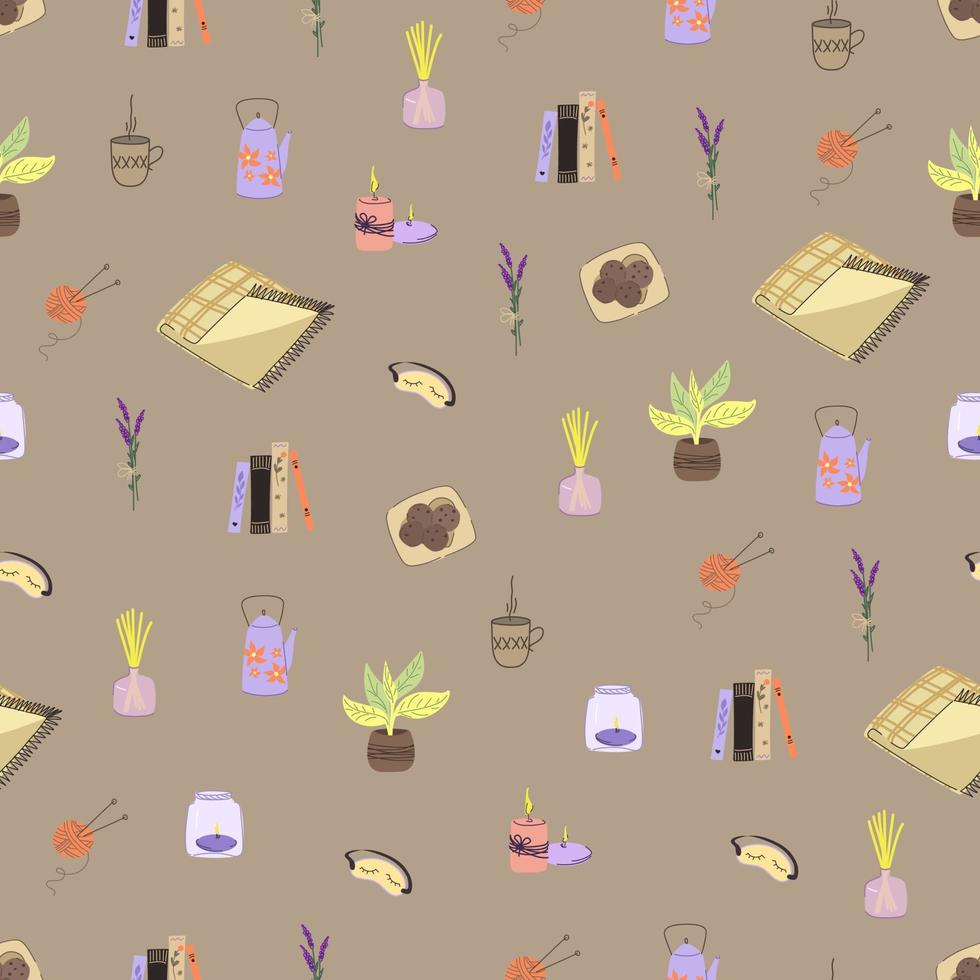Doodle vector illustration. Modern hygge seamless pattern, great design for any purposes.