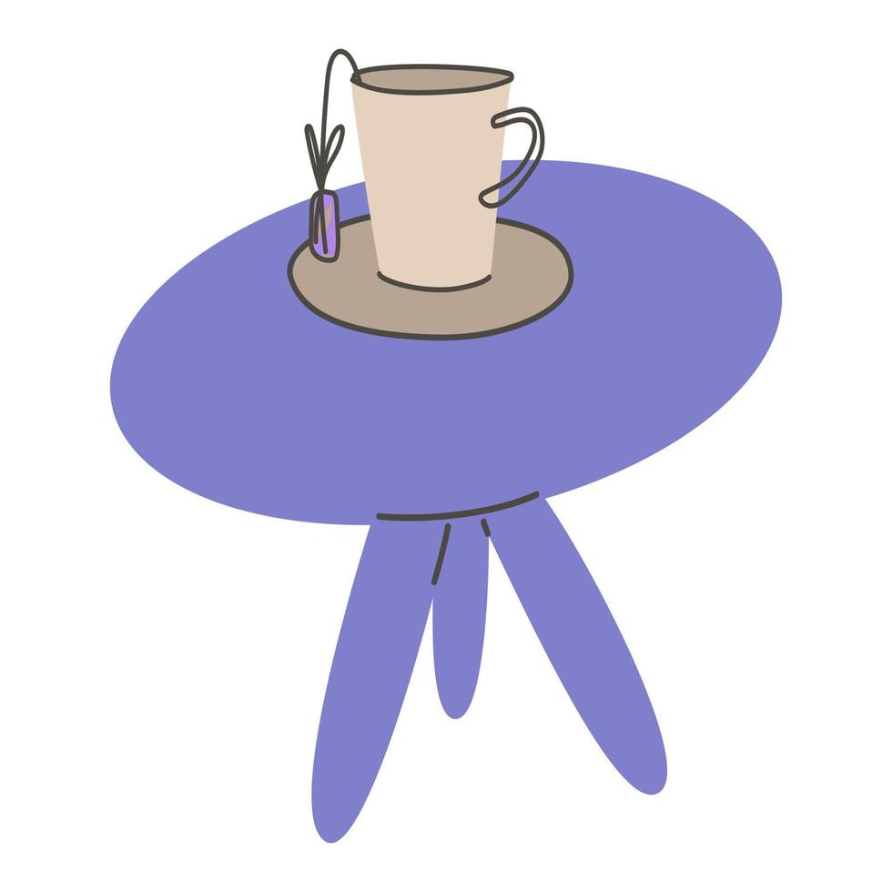 A cup of tea on a tea table drawn in doodle style. vector