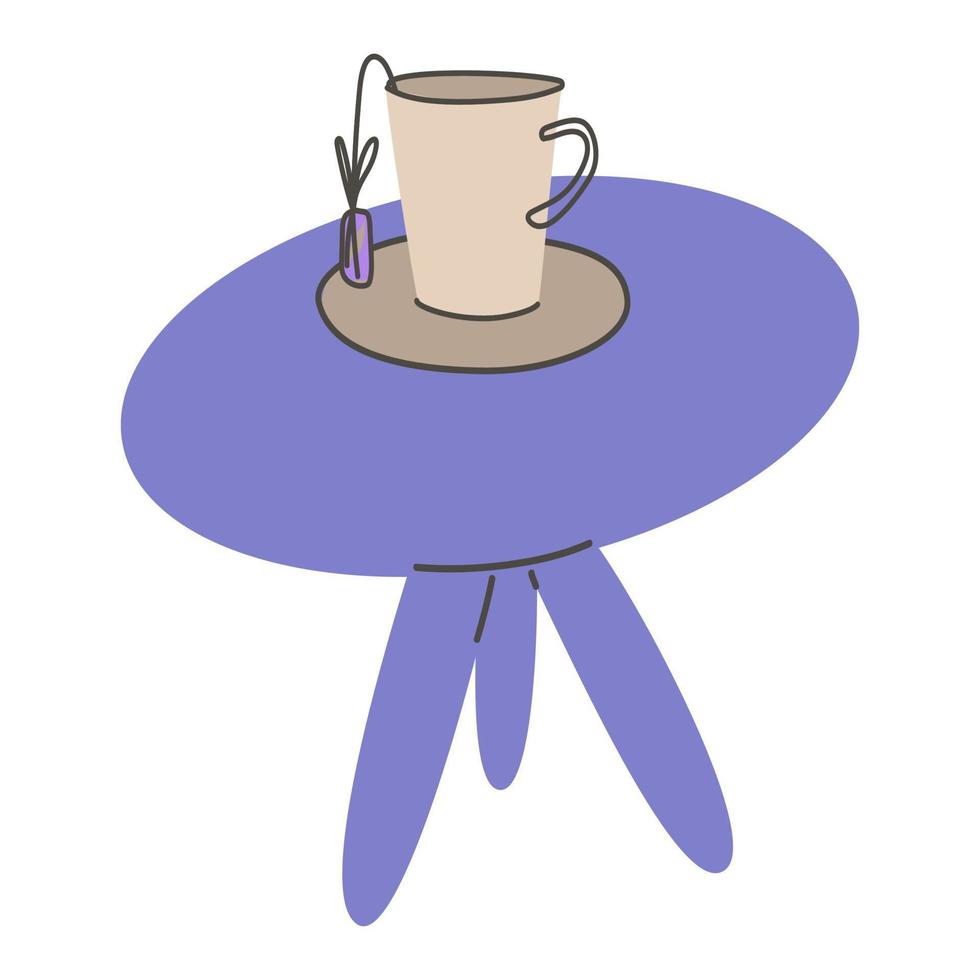 una taza de té en una mesa de té dibujada al estilo garabato. vector