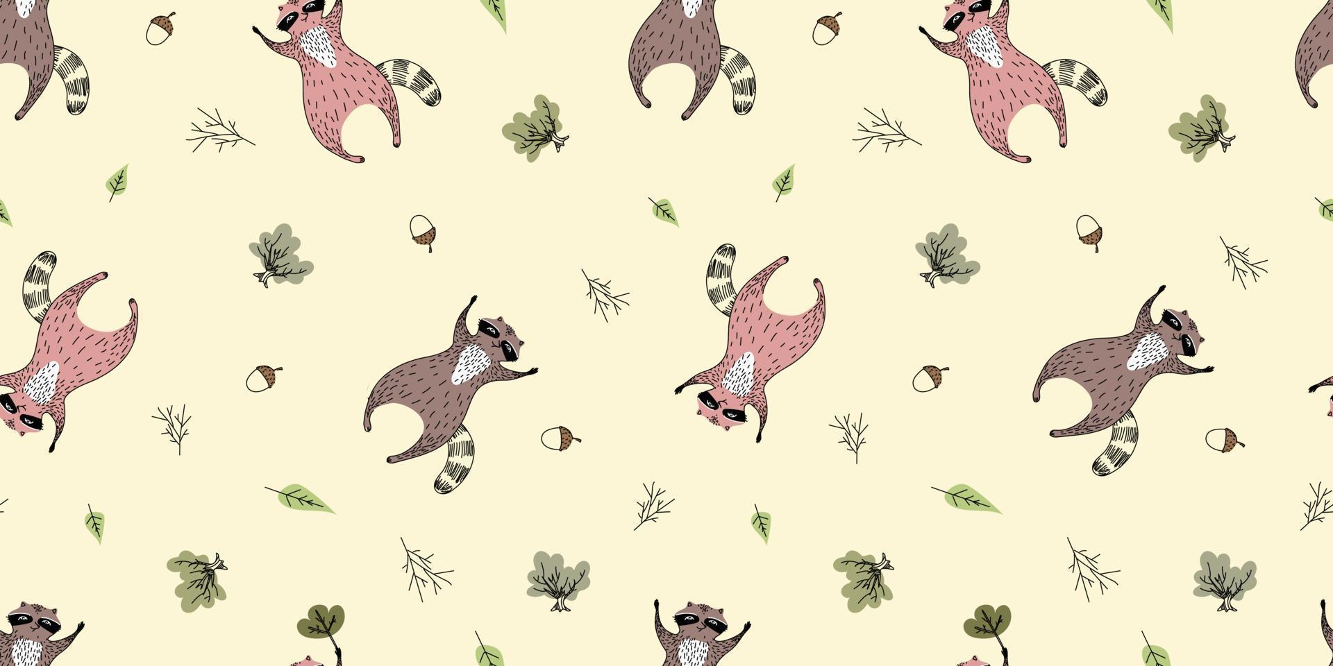 Seamless pattern with raccoons on yellow background with tiloo doodle. vector