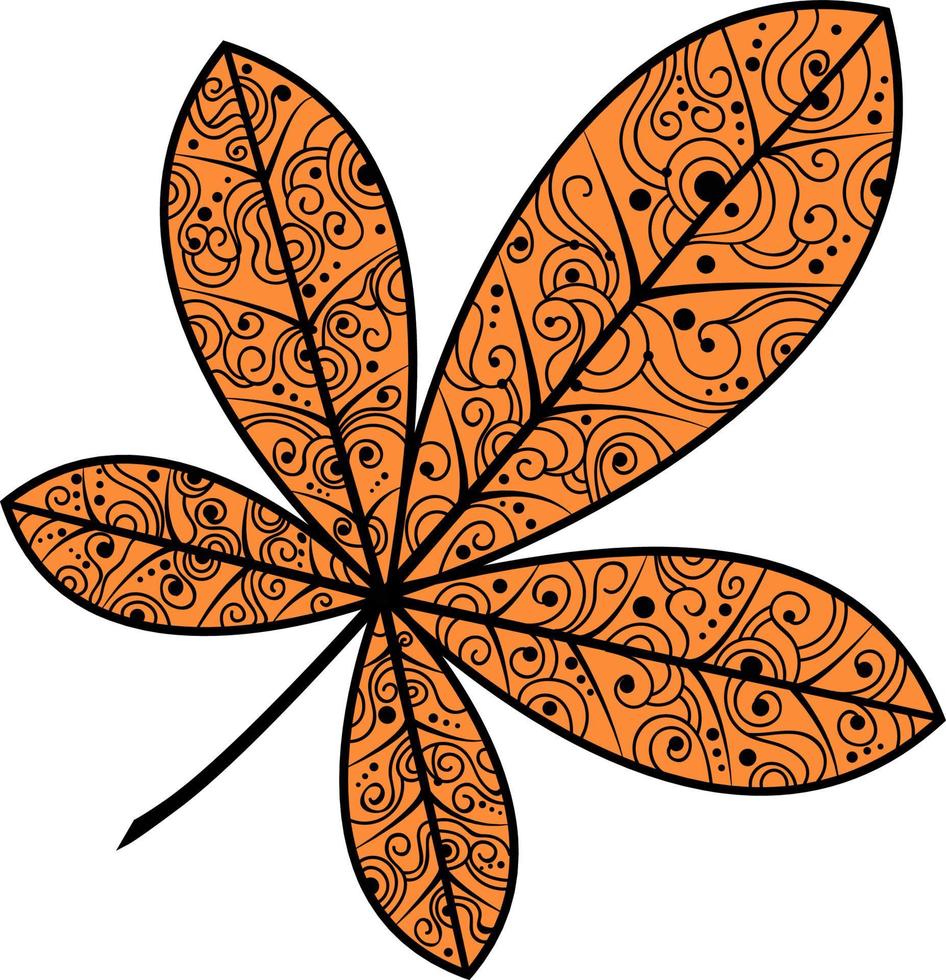 Vector illustration of a chestnut leaf.Autumn illustration of a leaf with an ornament.An idea for a logo, fashion illustrations, magazines, printing on clothes, advertising, tattoo sketch or mehendi.