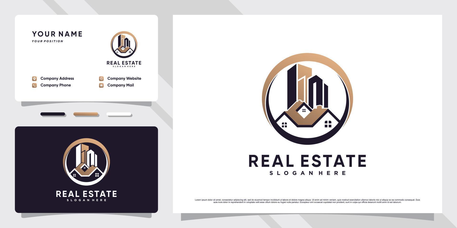 Real estate building logo design with creative element and business card template vector