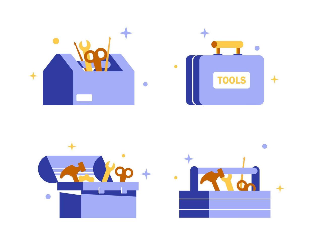 Construction repair tools flat icon set. Cartoon wooden tool box with hammers, screwdriver, wrench. Tools such as hammer vector