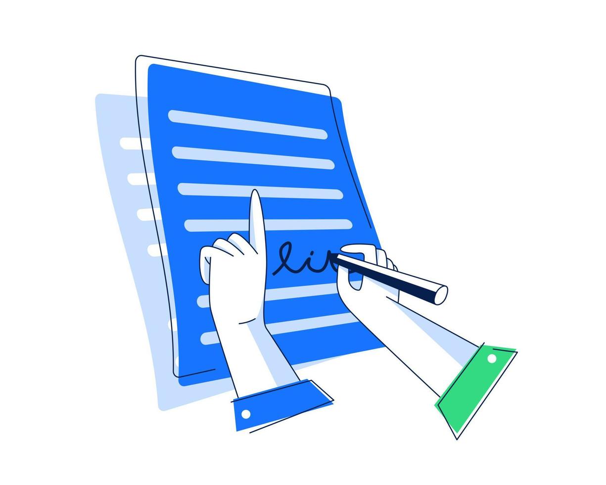 verificar el contrato, verificar la firma, estudiar los términos del acuerdo. firma de documento comercial vector