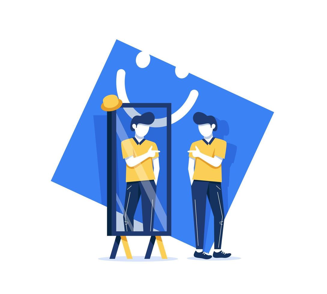 People looking in mirror. Love and proud yourself, man happy to see reflection in mirror and motivation vector illustration