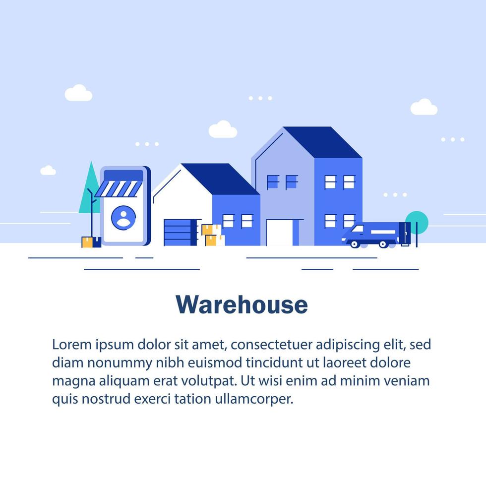 Warehouse industry with storage buildings, forklift, truck and rack with boxes. Vector illustration