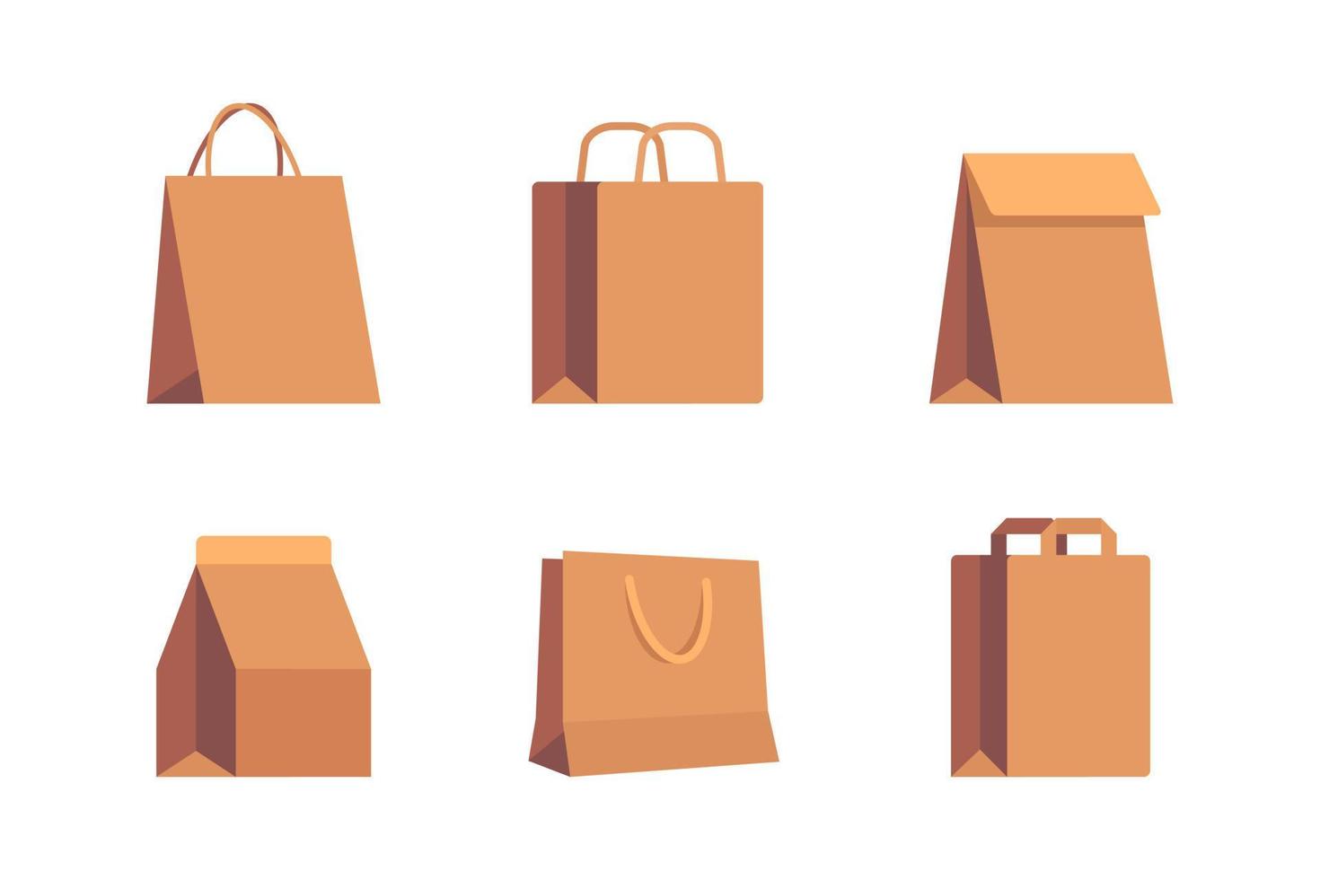 Set of empty kraft brown blank cardboard paper bags for in-store purchases, packaging for food and beverage with labels isolated on white background vector