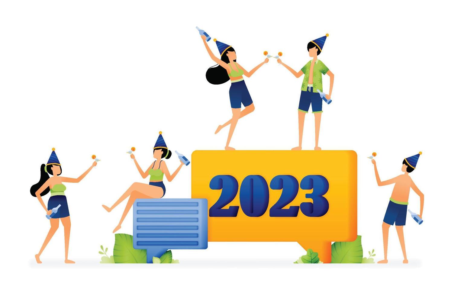 Party illustration of people drinking and talking to each other on the beach to welcome the new year 2023. Designed for website, landing page, flyer, banner, apps, brochure, startup media company vector