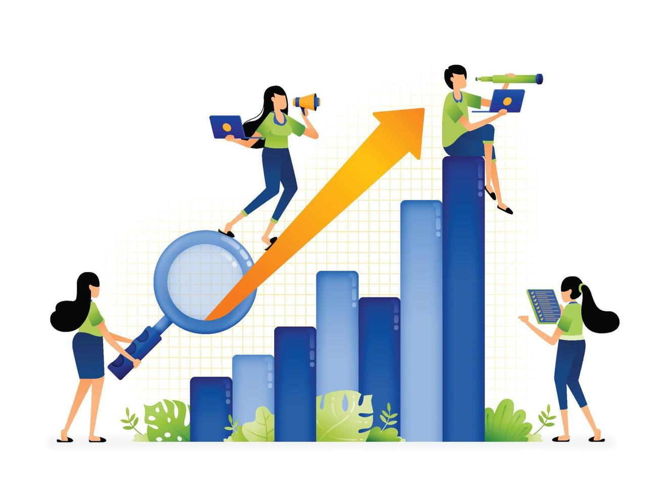 Illustration of increasing sales and company financial achievements with profitable investment opportunities. Designed for website, landing page, flyer, banner, apps, brochure, startup media company vector