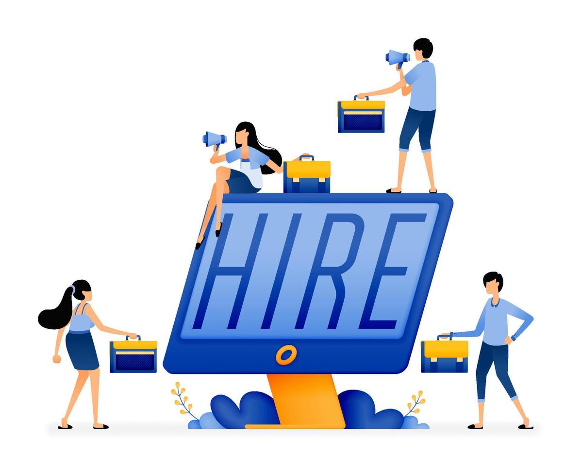 Illustration of a monitor with the words hire. Job seekers who use technology to find match job vacancies. Designed for website, landing page, flyer, banner, apps, brochure, startup media company vector