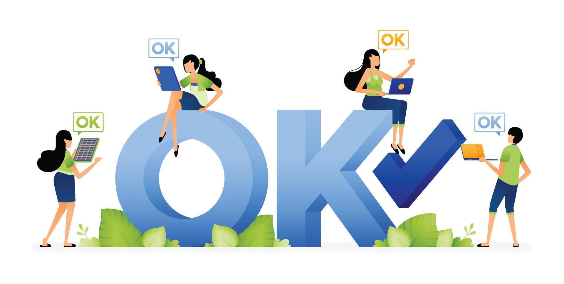 Illustration of people agreeing with each other in an ongoing discussion. 3d text of ok. Designed for website, landing page, flyer, banner, apps, brochure, startup media company vector