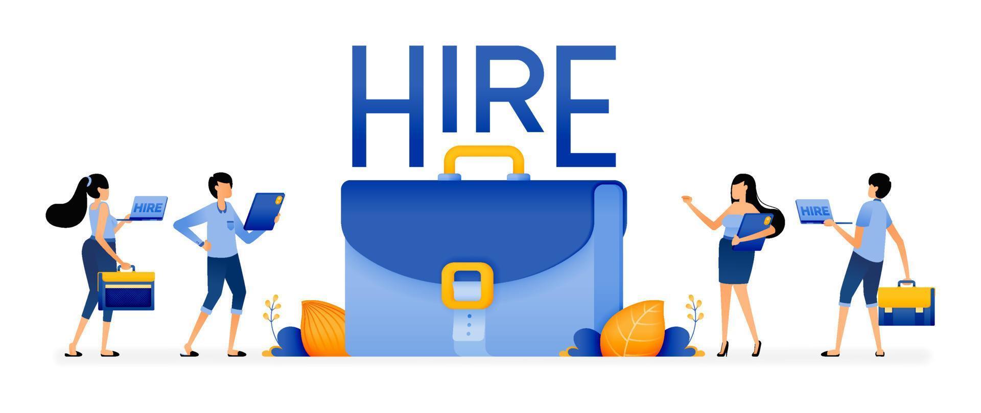 Illustration of people standing around briefcases as a metaphor for job seekers looking for job vacancies. Designed for website, landing page, flyer, banner, apps, brochure, startup media company vector
