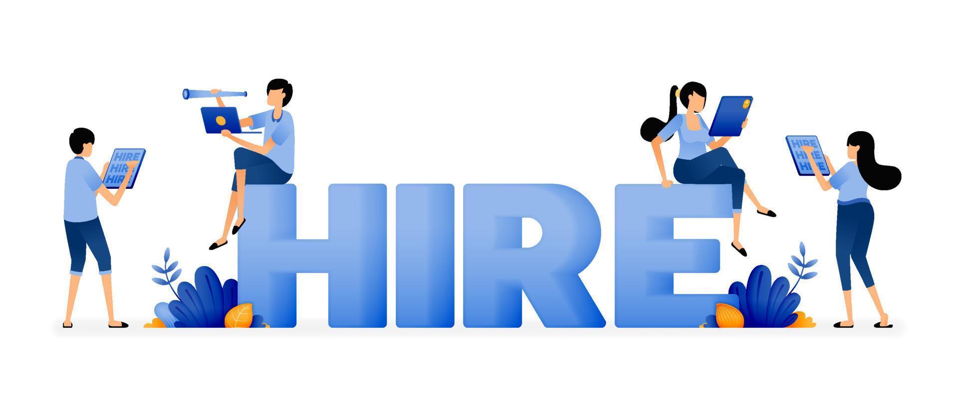 Illustration of hr people looking for the best employee candidates in career, hire 3d words. Designed for website, landing page, flyer, banner, apps, brochure, startup media company vector