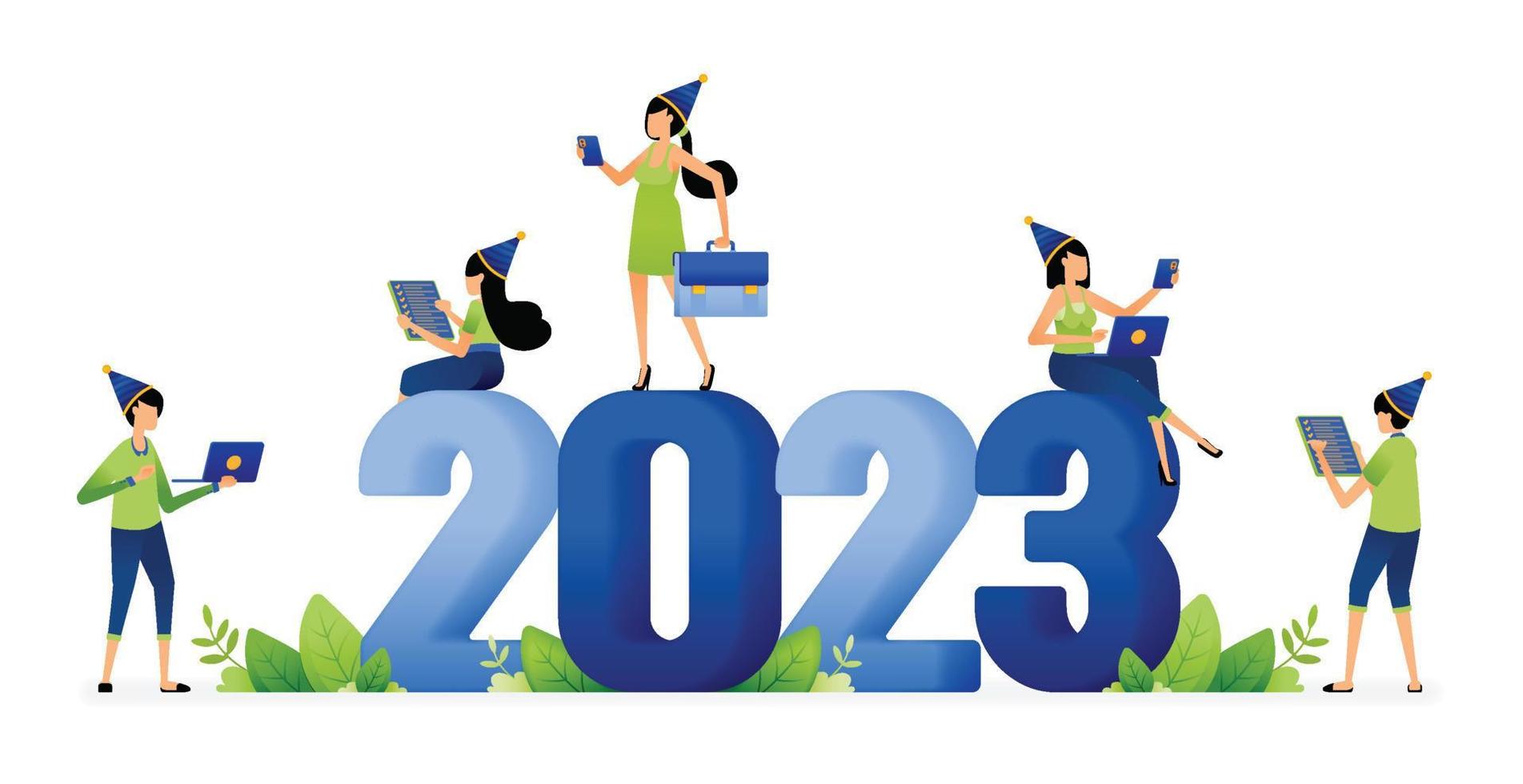 Illustration of employees and entrepreneurs welcoming new opportunities and goals at turn of year 2022 to 2023. Designed for website, landing page, flyer, banner, apps, brochure, startup media company vector