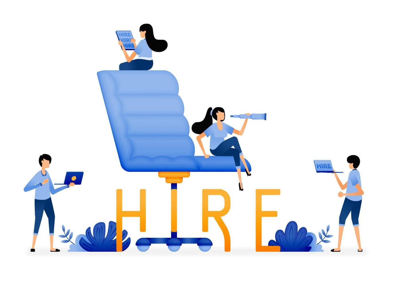 Illustration of work chair and words of hire. For the purposes of human resources and job seekers hiring. Designed for website, landing page, flyer, banner, apps, brochure, startup media company vector