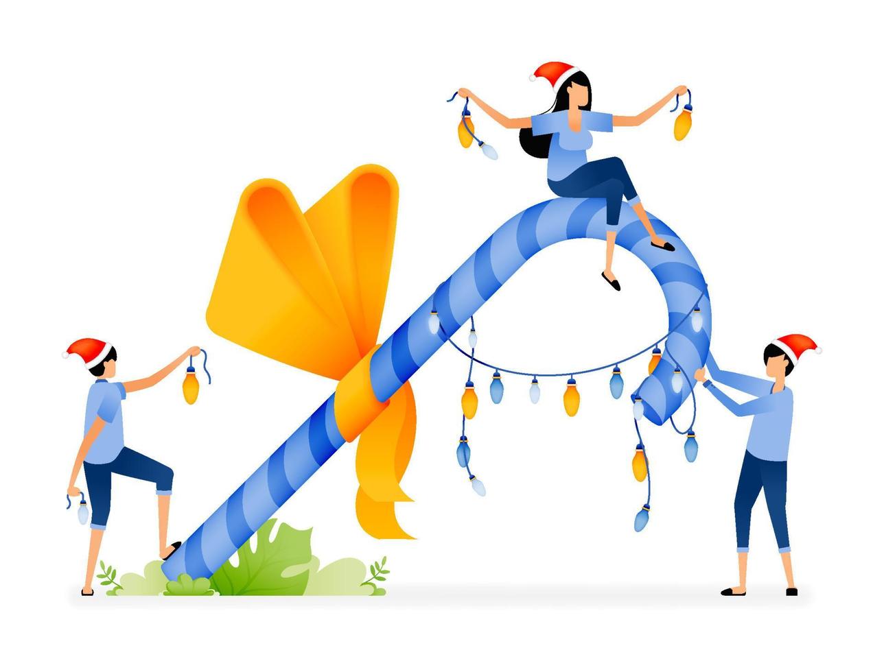 Illustration of people holding twisted candy decorated with lights and ribbons to celebrate christmas and new year. Designed for website, landing page, flyer, banner, apps, brochure, startup company vector