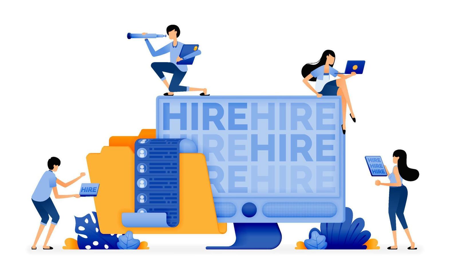 Illustration of human resource people opening the jobseeker selection result folder from open job vacancies. Designed for website, landing page, flyer, banner, apps, brochure, startup media company vector