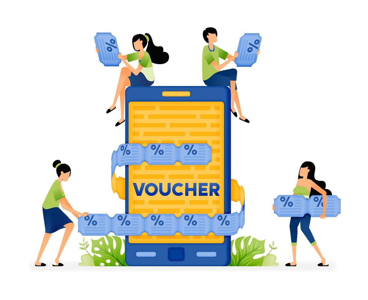 Illustration of people looking for discount vouchers and bonus rewards with mobile apps and newsletters. Designed for website, landing page, flyer, banner, apps, brochure, startup media company vector