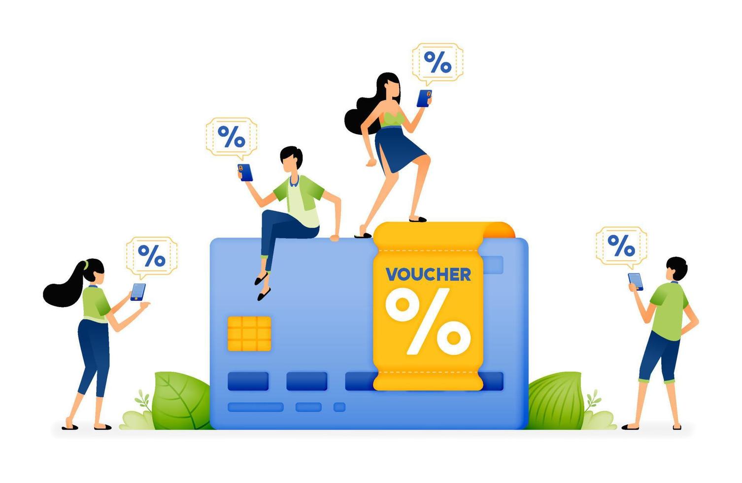 Illustration of people looking for vouchers, points, discounts, bonuses and rewards in every credit card transaction. Designed for website, landing page, flyer, banner, apps, brochure, startup company vector