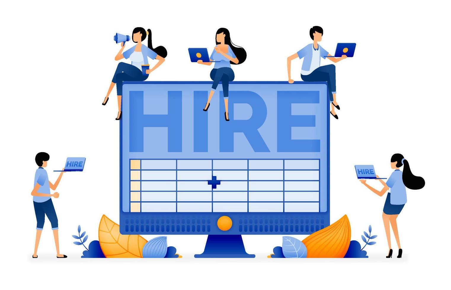 Illustration of job seekers looking for office and accounting vacancies with computer skills. Designed for website, landing page, flyer, banner, apps, brochure, startup media company vector