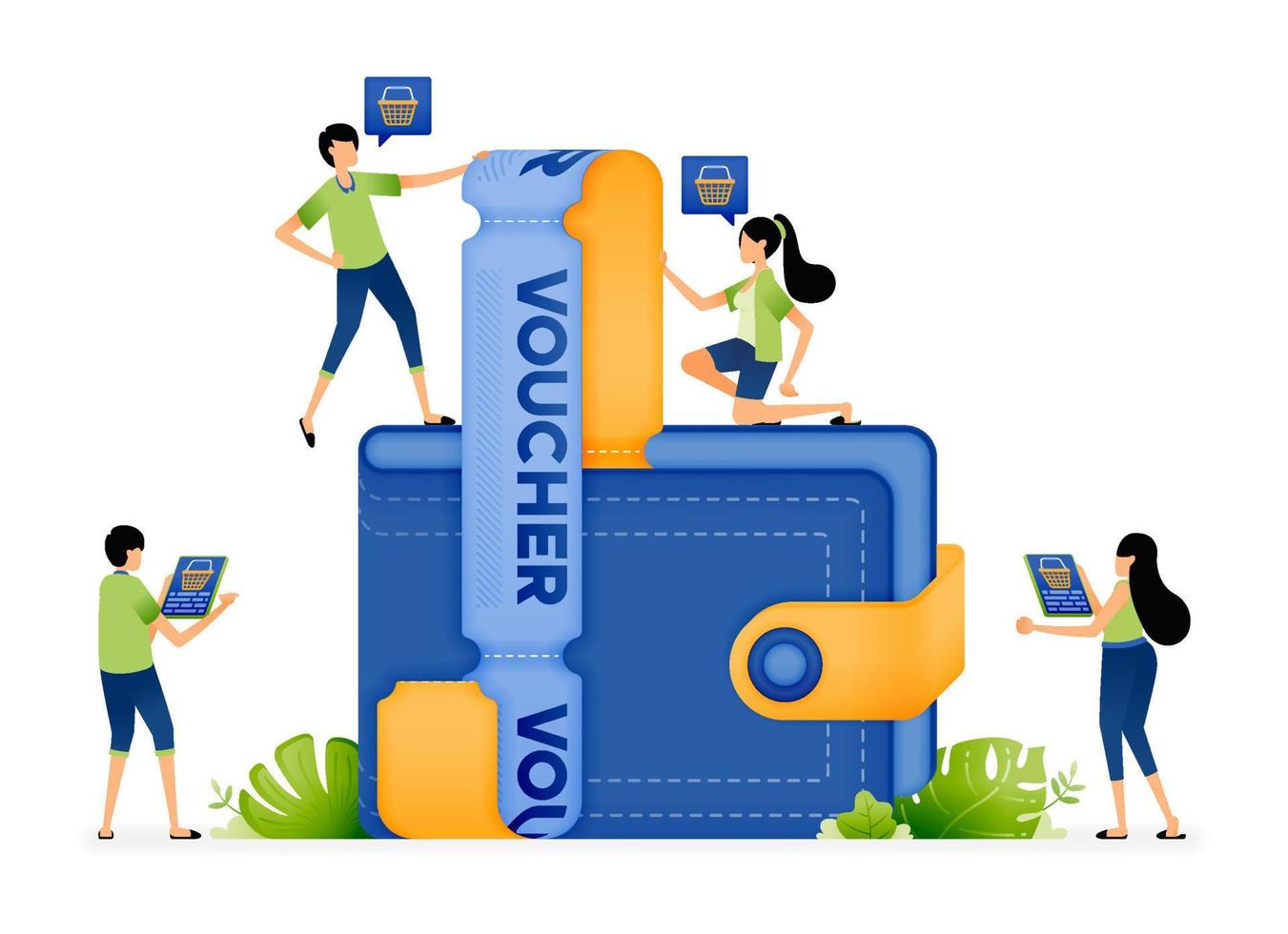 Illustration of people taking out vouchers from wallets to get discounts on purchases and payments in online stores. Designed for website, landing page, flyer, banner, apps, brochure, startup company vector