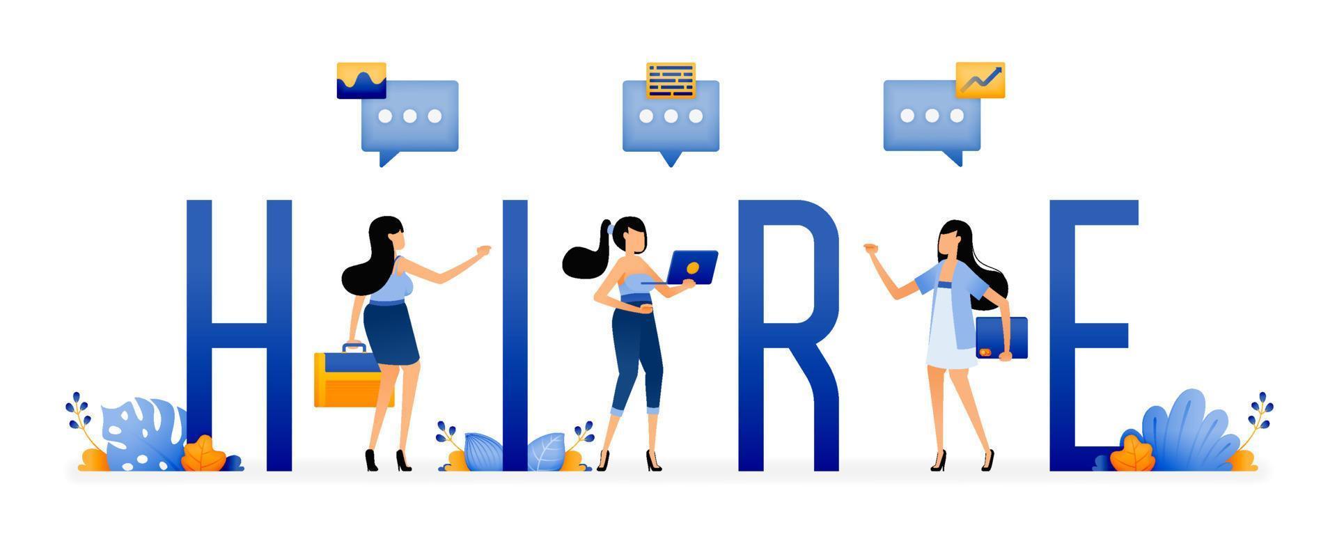 Illustration of people standing on words of hire. Communicate and share work experiences and job vacancies. Designed for website, landing page, flyer, banner, apps, brochure, startup media company vector
