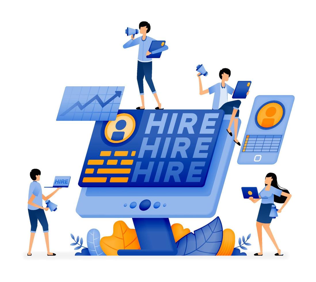 Illustration of people use software for performance profiling job seekers who will apply for 4.0 tech job vacancies. Designed for website, landing page, flyer, banner, apps, brochure, startup company vector