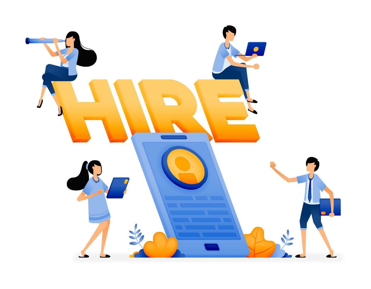 3d illustration of mobile apps for job seekers. Profiling vacancies and job seekers to match. Designed for website, landing page, flyer, banner, apps, brochure, startup media company vector