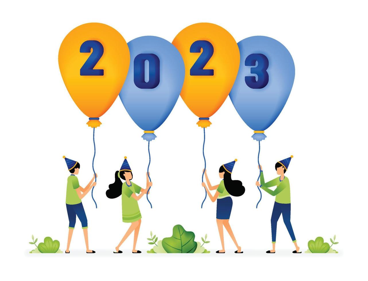 Illustration of folk party welcoming the beginning of 2023 with people holding 2023 balloons. Design for website, landing page, flyer, banner, apps, brochure, startup media company vector