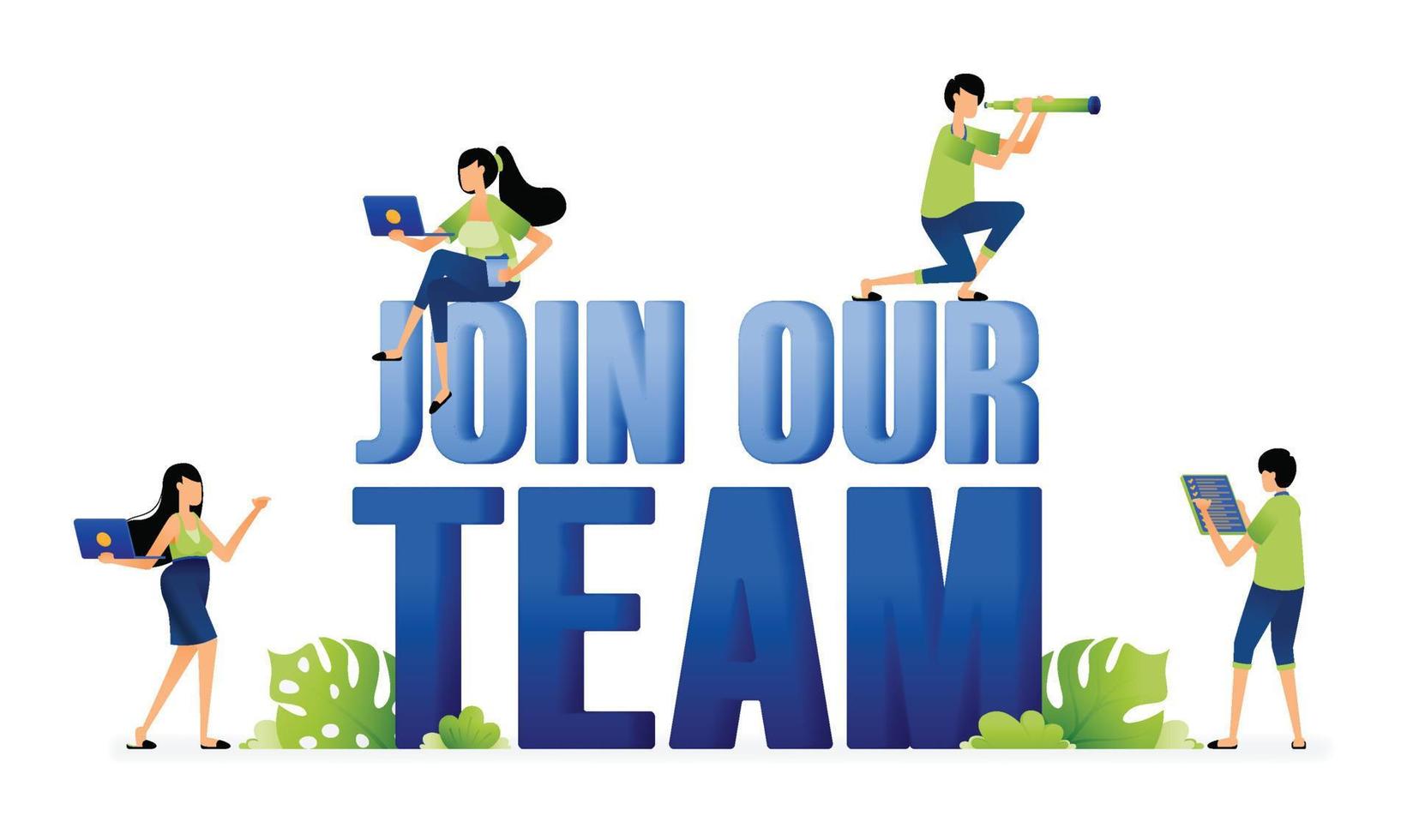 Illustration of join our team campaign vacancies. Company announcements in search of best employee candidates. Designed for website, landing page, flyer, banner, apps, brochure, startup media company vector
