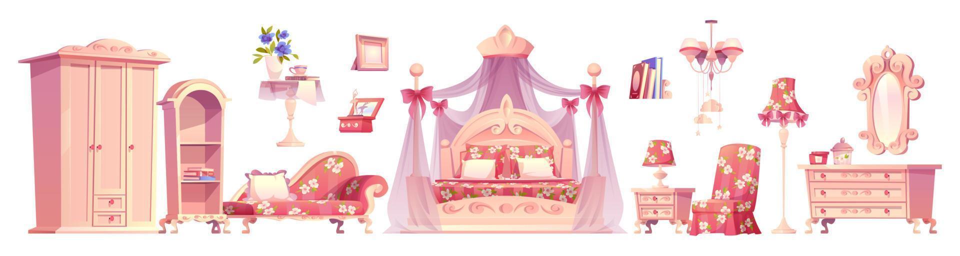 Pink bedroom, princess room furniture vector set