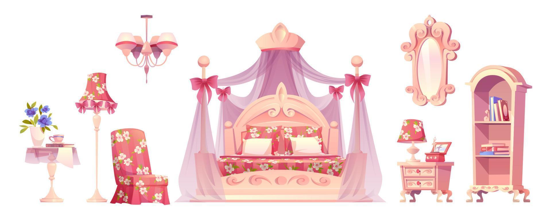 Pink bedroom, princess room furniture vector set