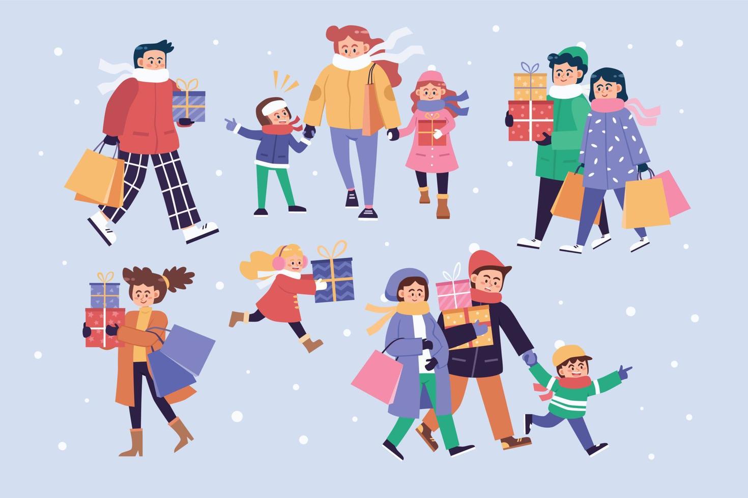 People shopping in winter cartoon vector