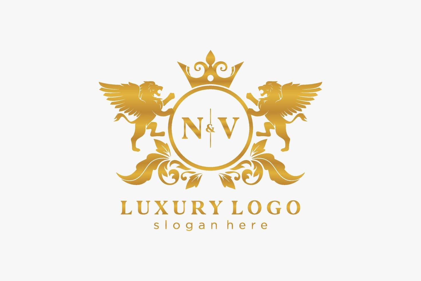 Initial NV Letter Lion Royal Luxury Logo template in vector art for Restaurant, Royalty, Boutique, Cafe, Hotel, Heraldic, Jewelry, Fashion and other vector illustration.