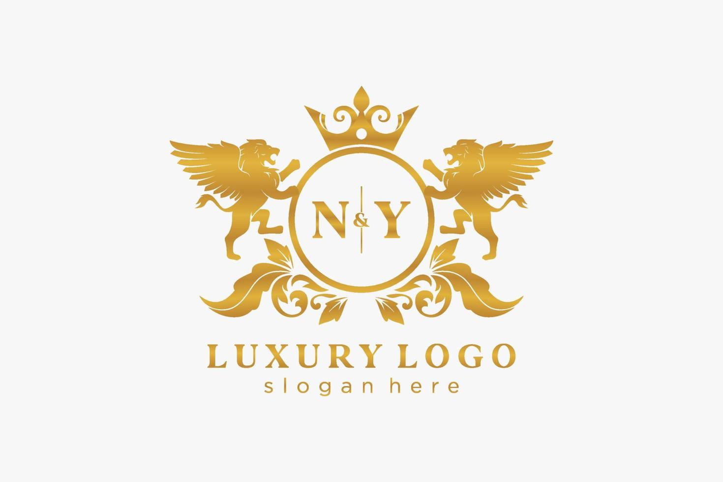 plantilla de logotipo de lujo real de león de letra ny inicial en arte vectorial para restaurante, realeza, boutique, cafetería, hotel, heráldico, joyería, moda y otras ilustraciones vectoriales. vector