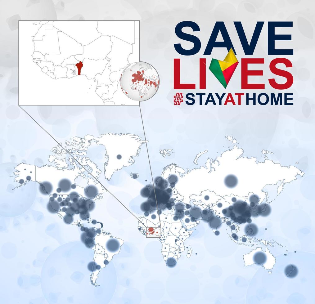 mapa mundial con casos de coronavirus enfocados en benin, enfermedad covid-19 en benin. el eslogan salva vidas con la bandera de benin. vector