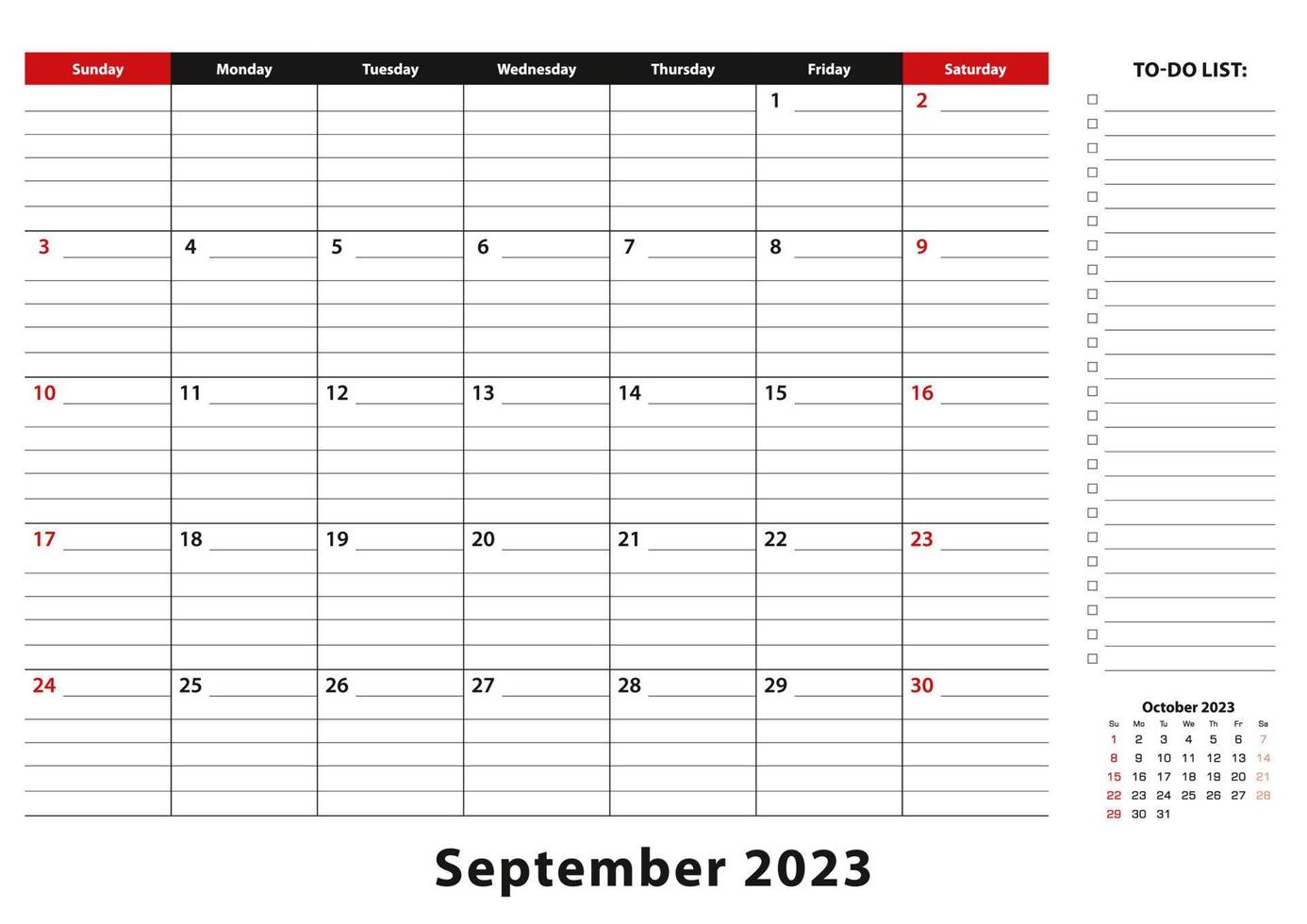 September 2023 Monthly Desk Pad Calendar week starts from sunday, size A3. vector