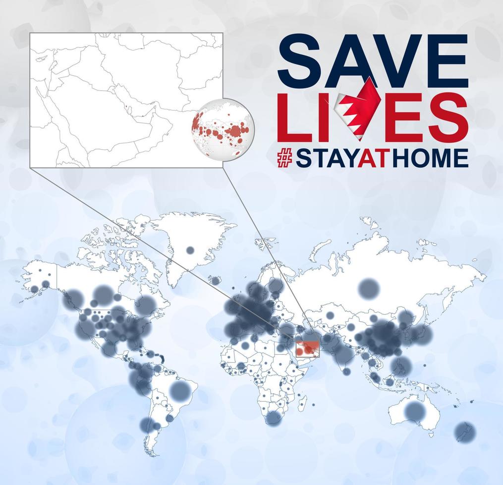 mapa mundial con casos de coronavirus enfocados en bahrein, enfermedad covid-19 en bahrein. el eslogan salva vidas con la bandera de bahrein. vector