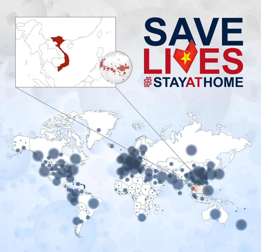 mapa mundial con casos de coronavirus enfocados en vietnam, enfermedad covid-19 en vietnam. eslogan salva vidas con la bandera de vietnam. vector