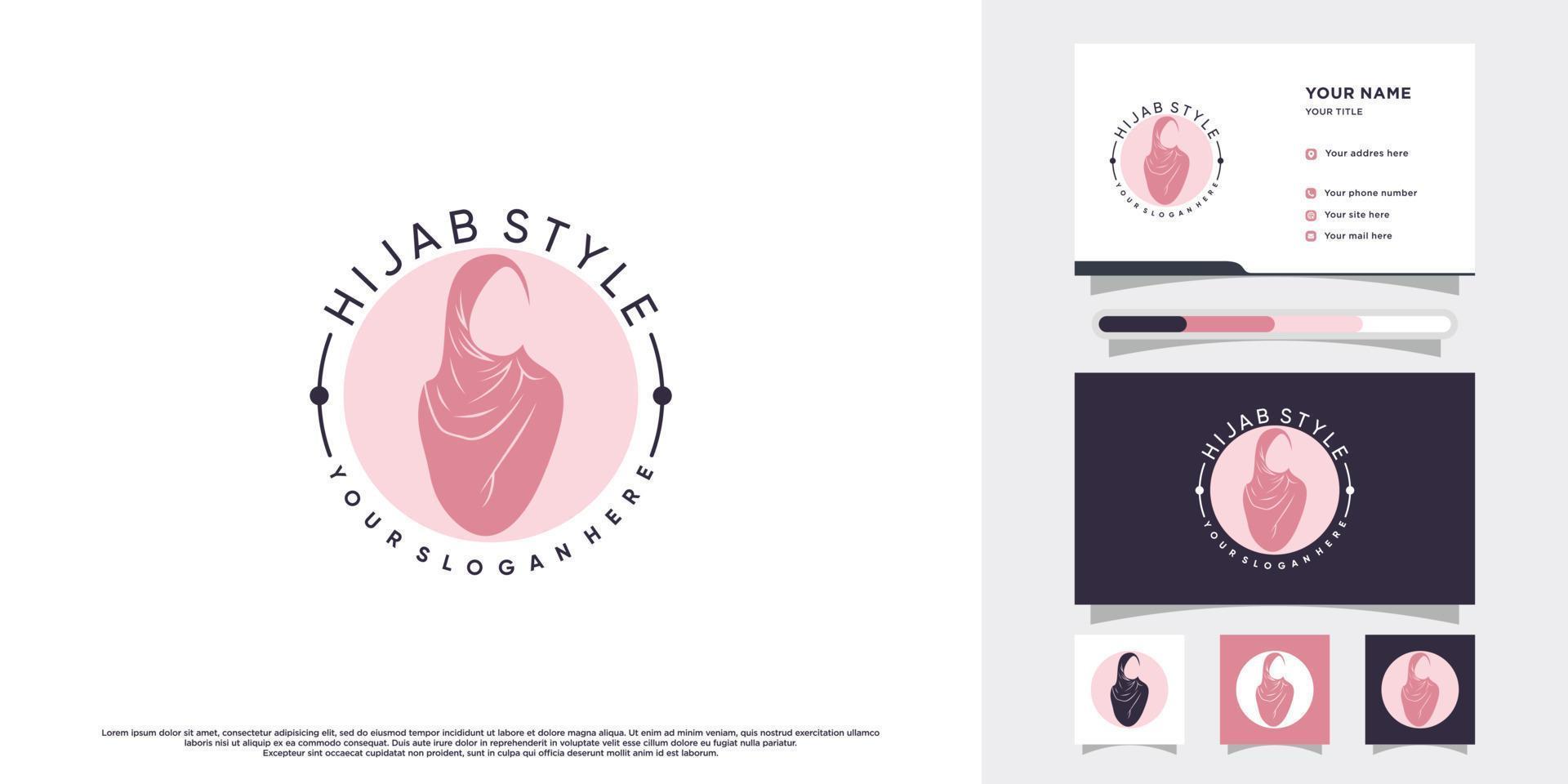 diseño de logotipo de mujer musulmana con hiyab con estilo y plantilla de tarjeta de visita vector