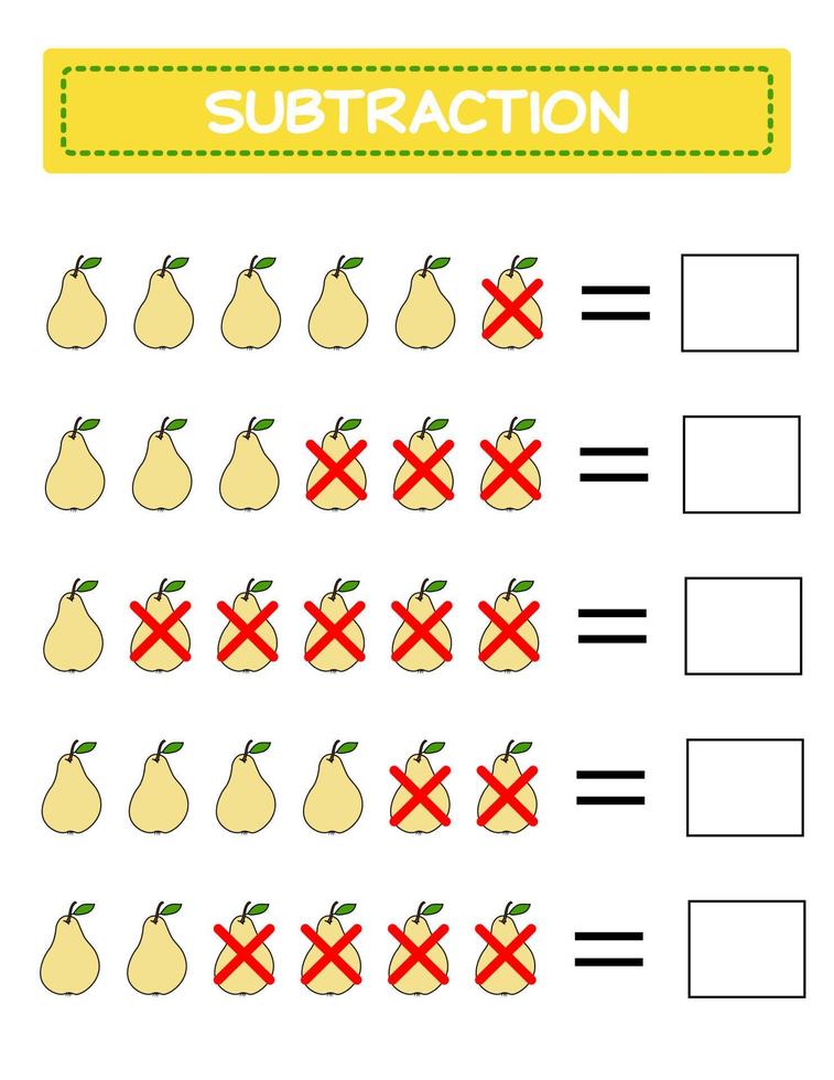 sustracción. hoja de trabajo de matemáticas para niños. desarrollo de habilidades numéricas. Resuelve ejemplos y escribe. matemáticas. ilustración vectorial. juego educativo de matemáticas para niños. resta para niños.. vector