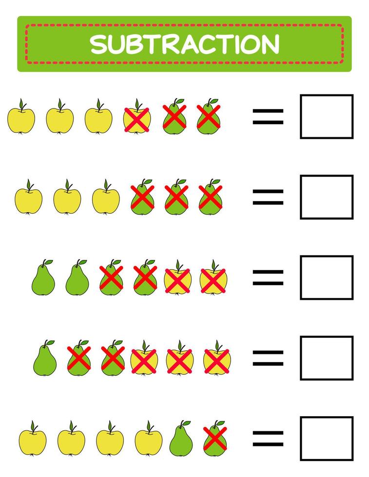 sustracción. hoja de trabajo de matemáticas para niños. desarrollo de habilidades numéricas. Resuelve ejemplos y escribe. matemáticas. ilustración vectorial. juego educativo de matemáticas para niños. resta para niños.. vector