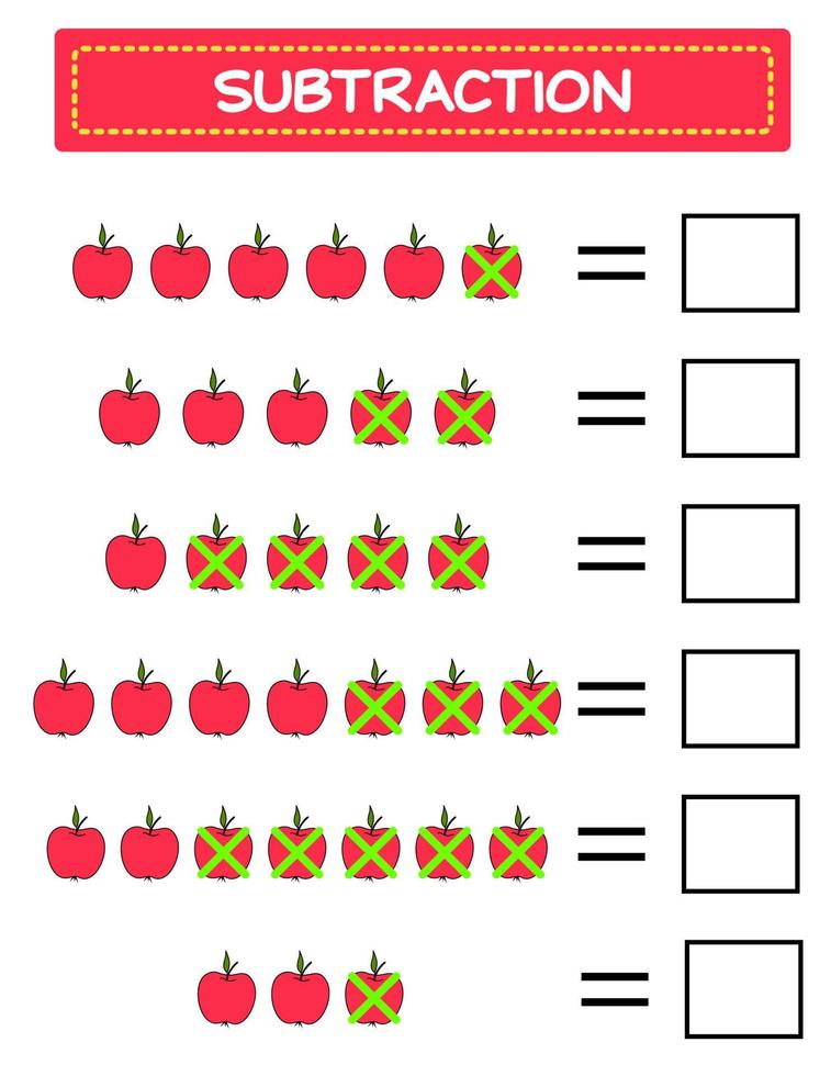 sustracción. hoja de trabajo de matemáticas para niños. desarrollo de habilidades numéricas. Resuelve ejemplos y escribe. matemáticas. ilustración vectorial. juego educativo de matemáticas para niños. resta para niños.. vector