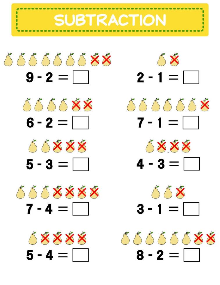 sustracción. hoja de trabajo de matemáticas para niños. desarrollo de habilidades numéricas. Resuelve ejemplos y escribe. matemáticas. ilustración vectorial. juego educativo de matemáticas para niños. resta para niños.. vector